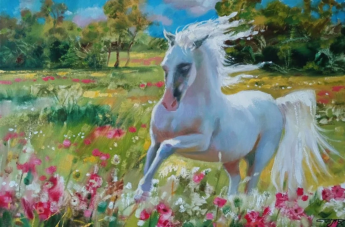 Oil painting A white horse gallops Anatoly Tarabanov