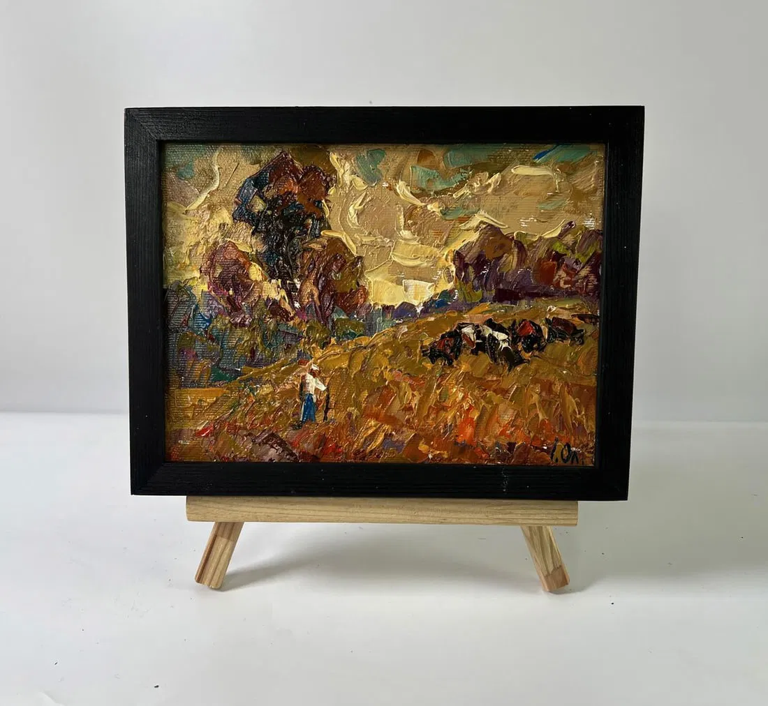 Oil painting Autumn cow grazing Oleksiy Ivanyuk