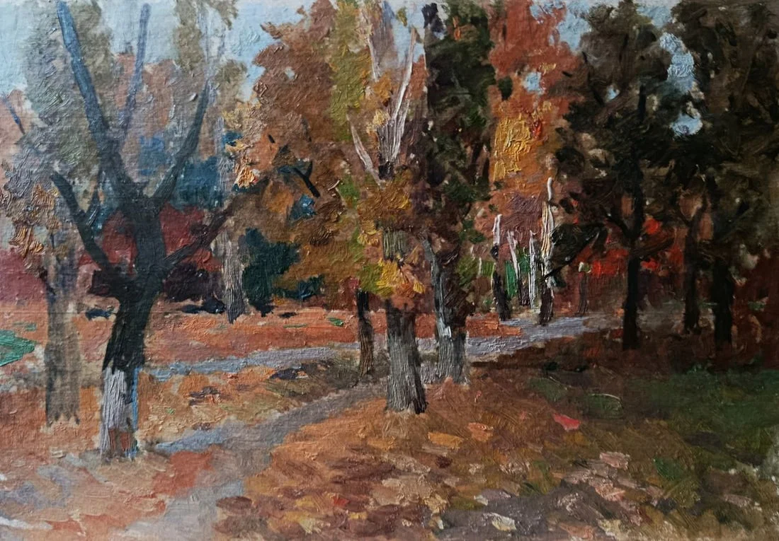 Oil painting Autumn forest path Unknown artist