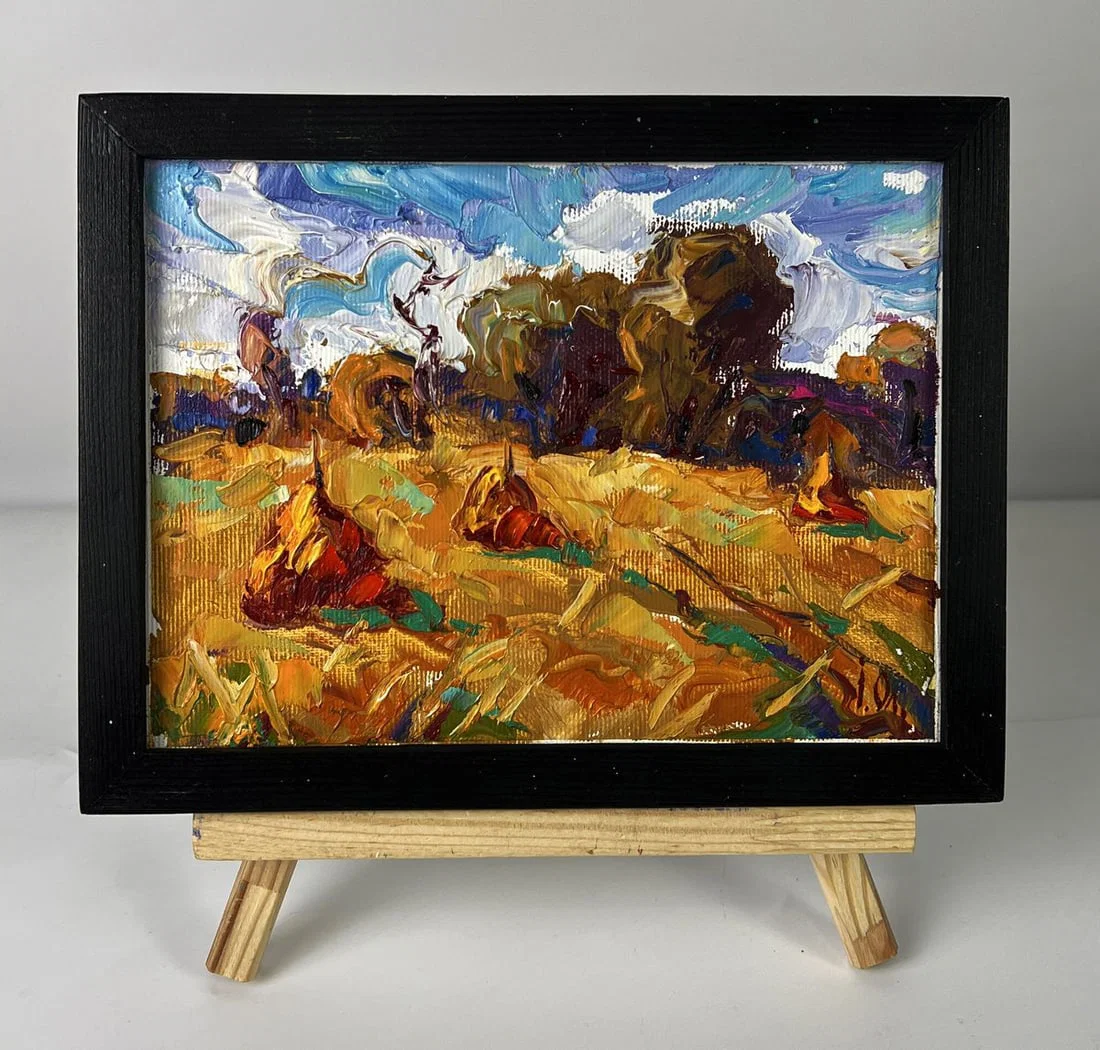 Oil painting Autumn haystacks in a field Oleksiy Ivanyuk