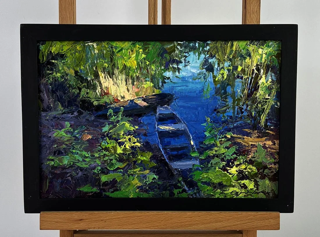 Oil painting Boats on a summer lake Boris Serdyuk