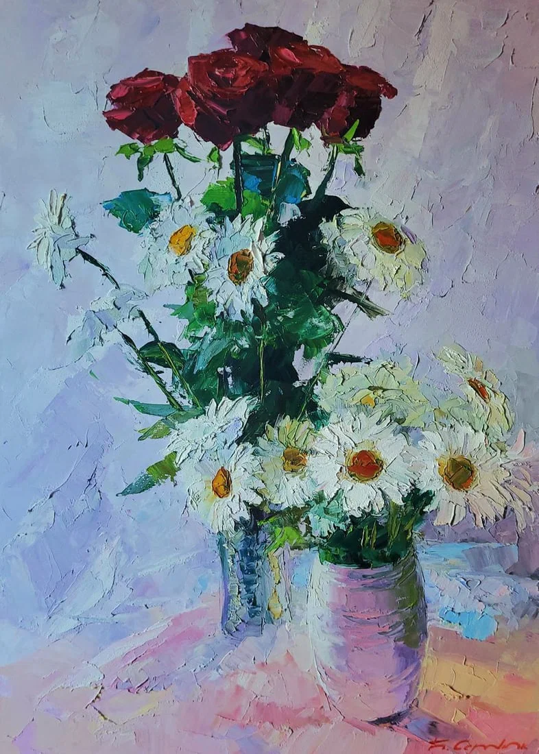 Oil painting Bouquet of daisies and roses Boris Serdyuk