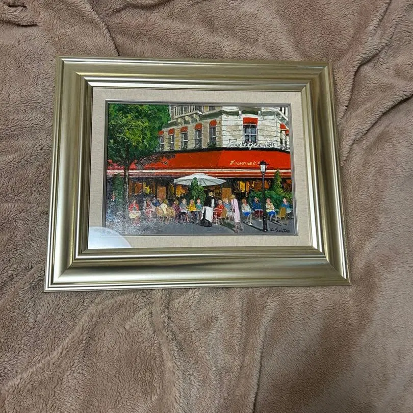 Oil painting by Kaname Saito, "Cafe Fouquet," with silver frame, size F4
