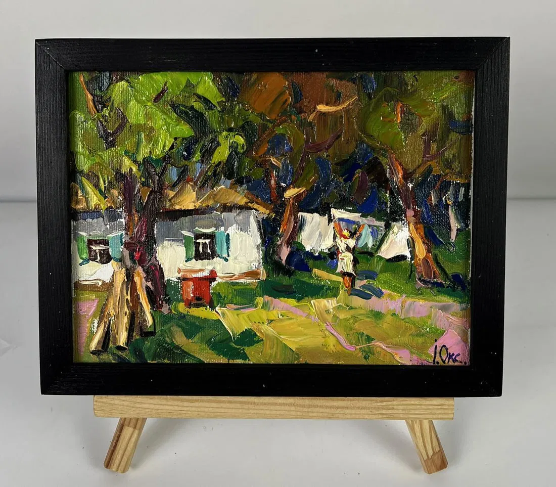 Oil painting Cleaning the village yard Oksana Ivanyuk