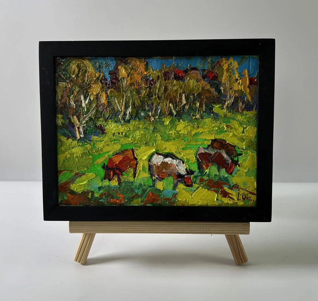 Oil painting Cows are grazing in the meadow Oksana Ivanyuk