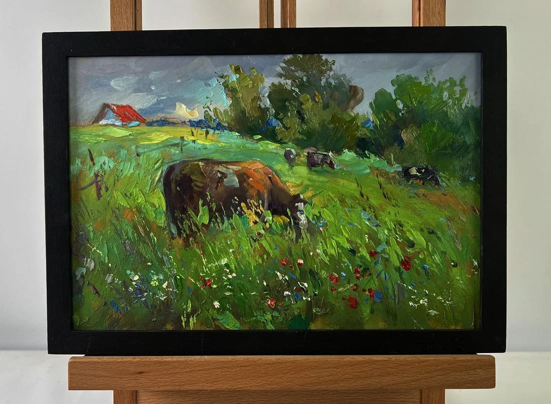 Oil painting Cows in a flower field Yuriy Suprunchuk