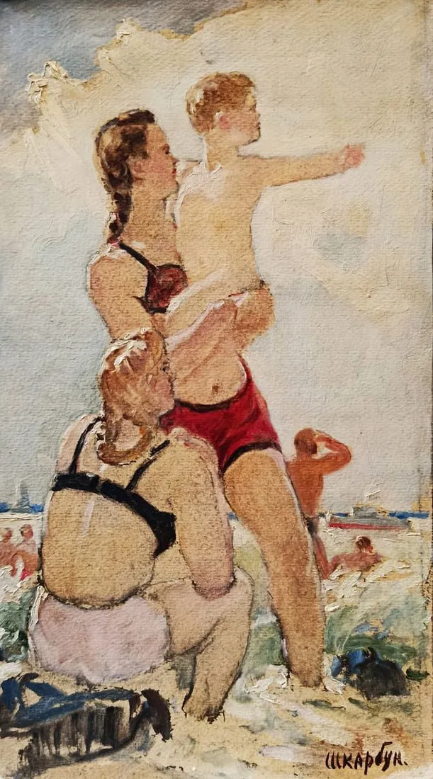 Oil painting Family on the beach Unknown artist