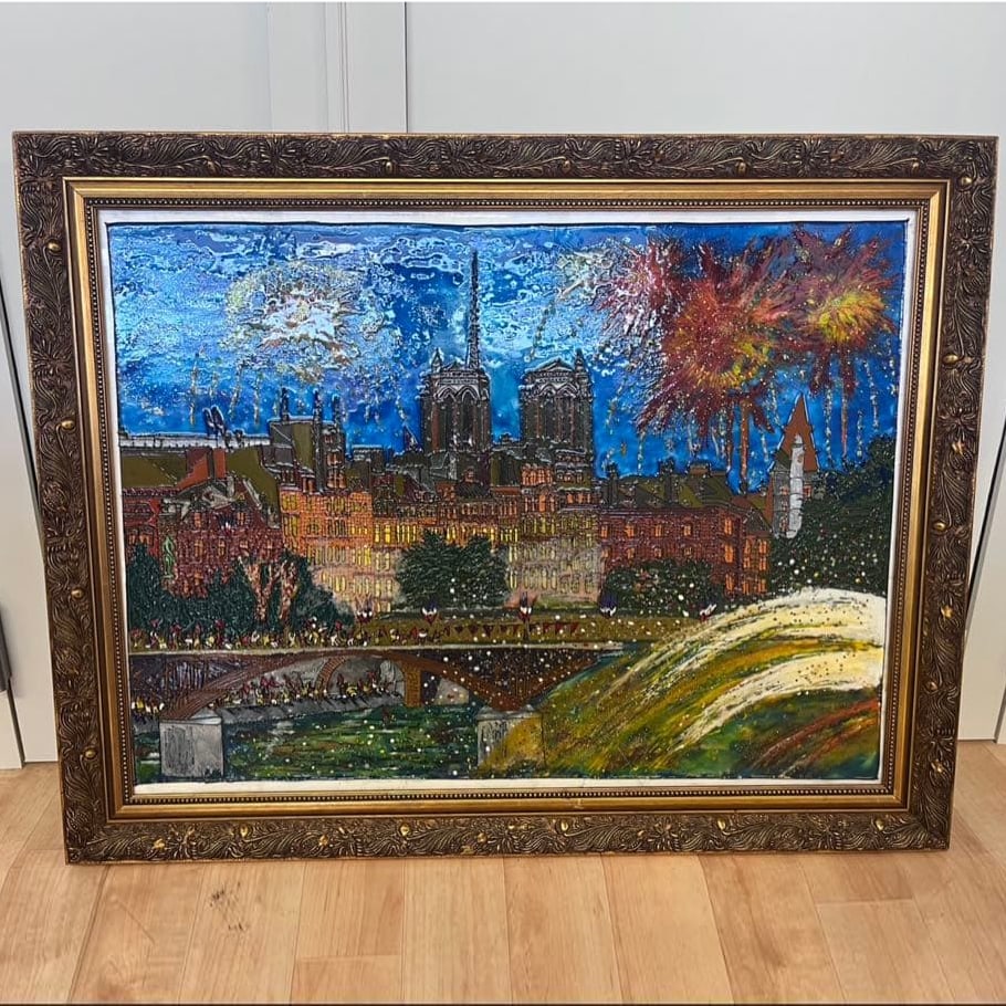 Oil painting, fireworks, painting, frame, interior, beads