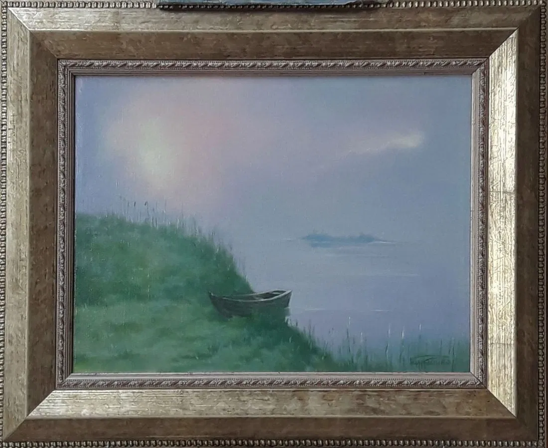 Oil painting Fisherman's morning by the river Vasily Korkishko