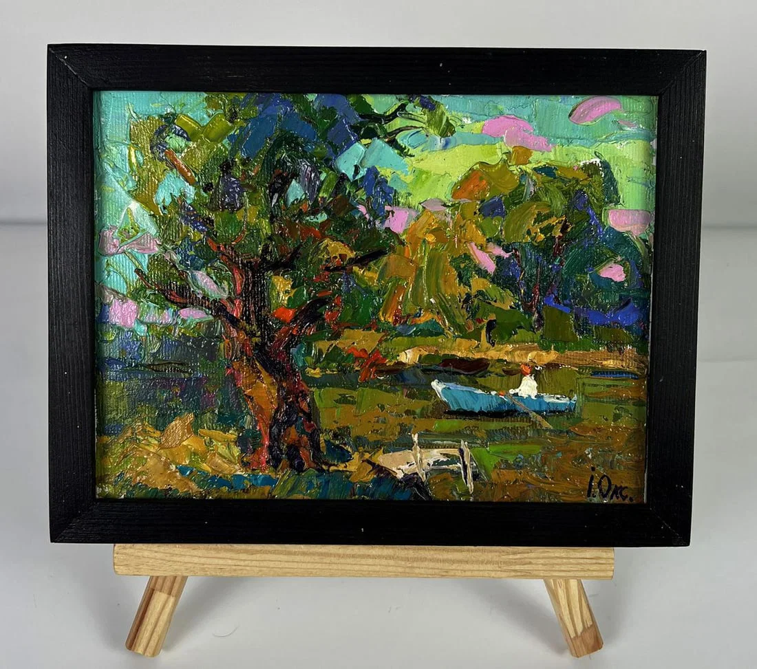 Oil painting Fishing on the river bank Oksana Ivanyuk