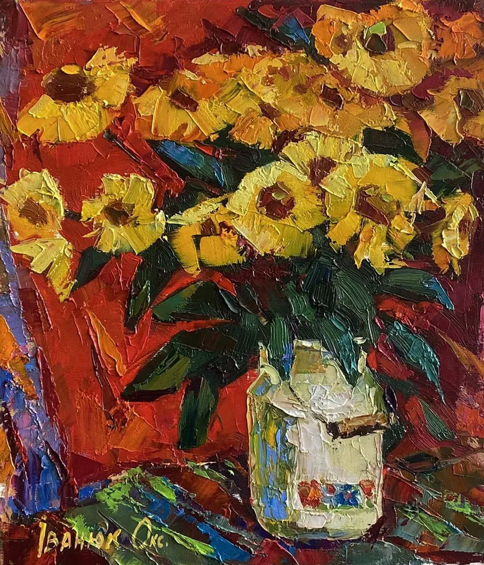 Oil painting Flowers on a red background Oksana Ivanyuk