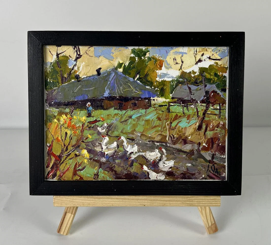 Oil painting Geese are walking around the village Oleksiy Ivanyuk