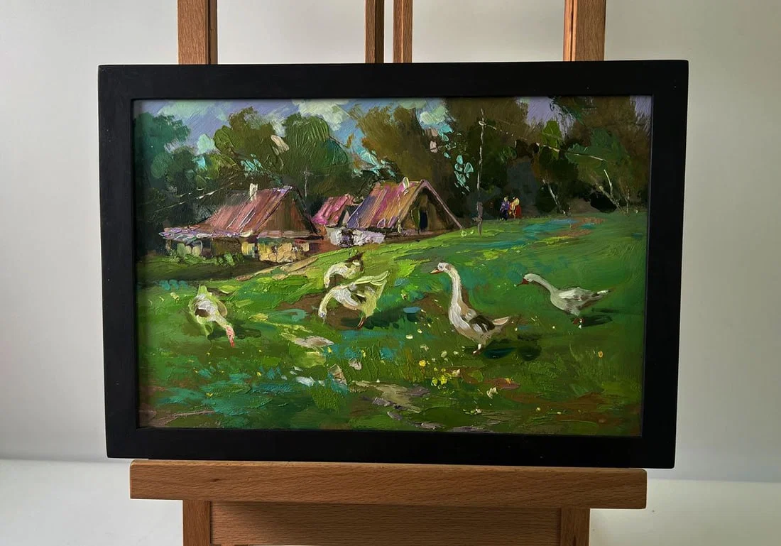 Oil painting Geese in the village Yuriy Suprunchuk