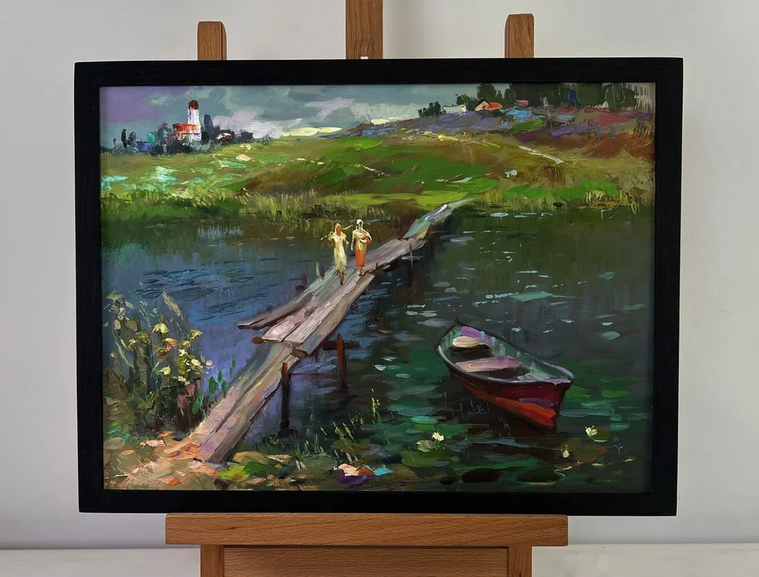 Oil painting Girls are walking by the river Yuriy Suprunchuk