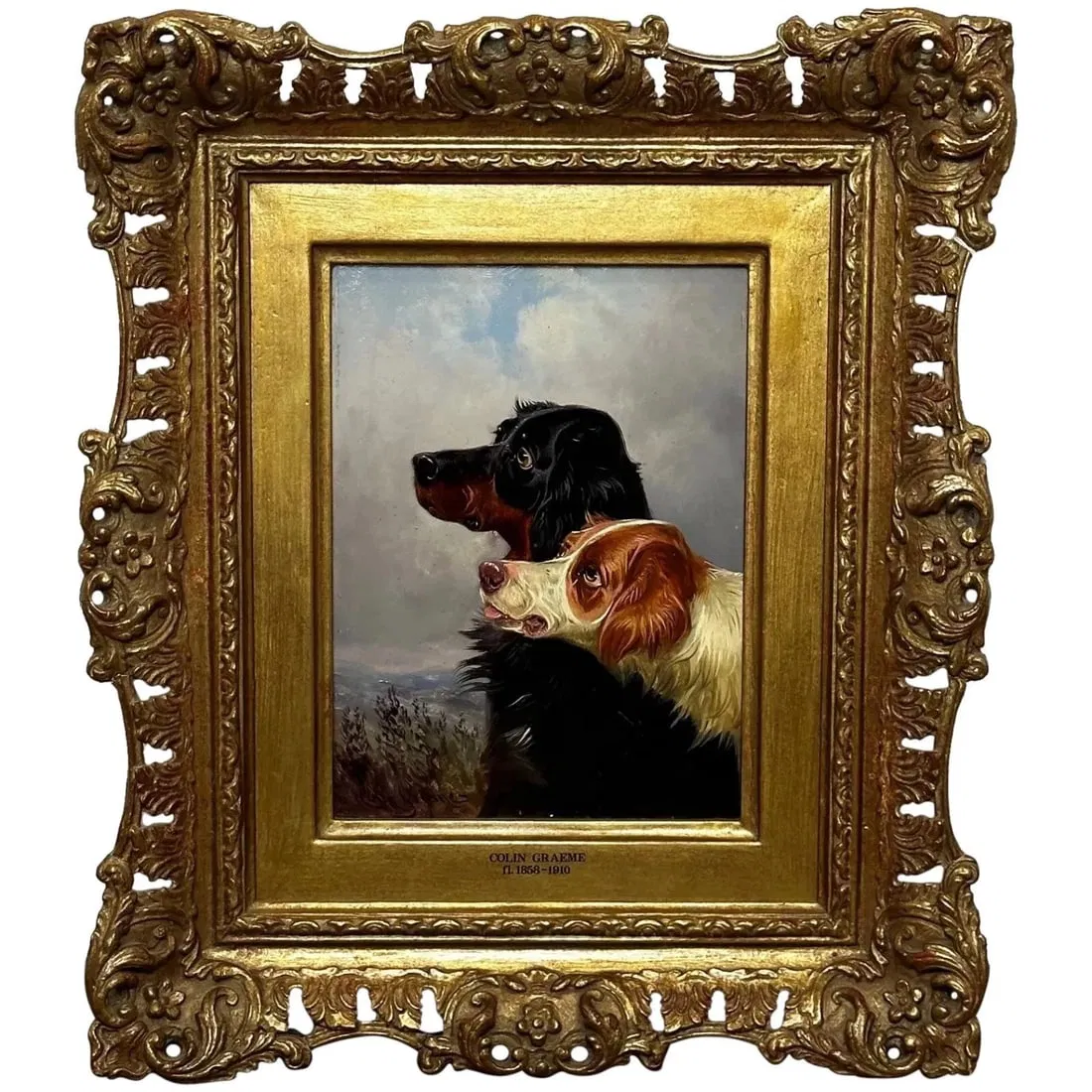 OIL PAINTING GORDON SETTER WITH IRISH RED WHITE GUN DOGS