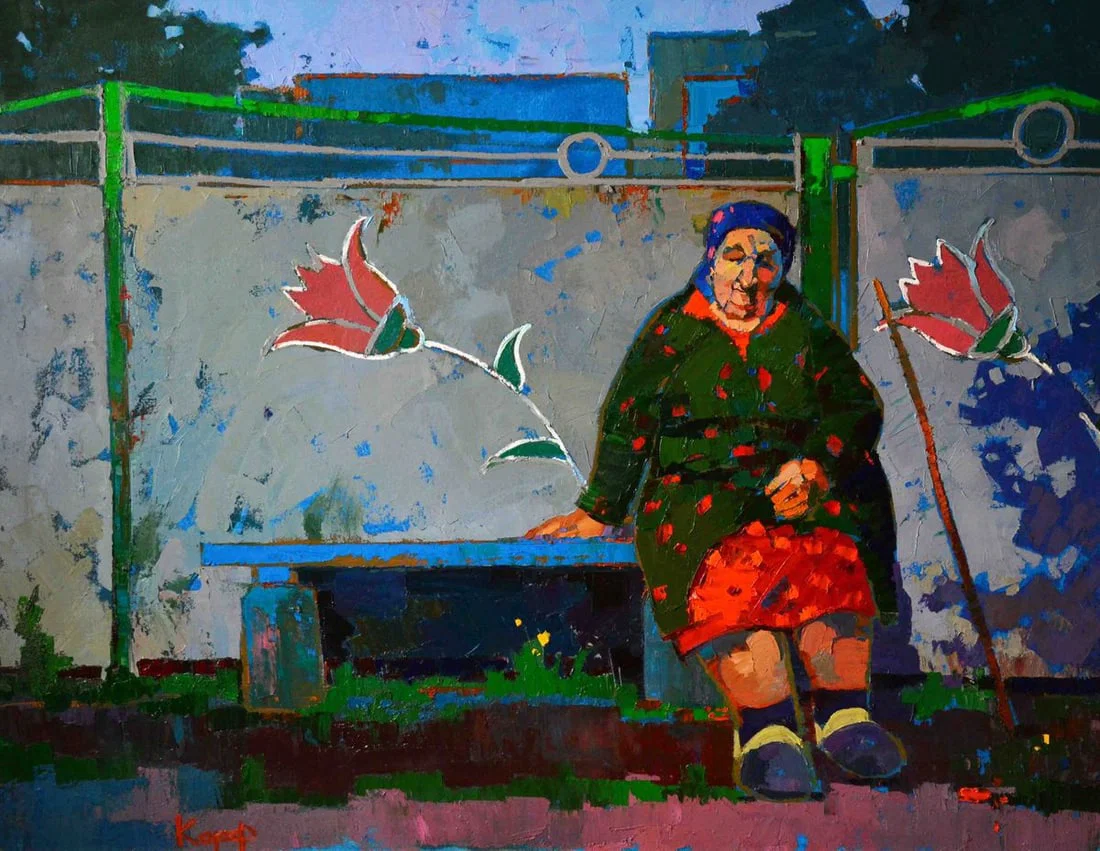 Oil painting Grandma at the gate Natalia Korf-Ivaniuk