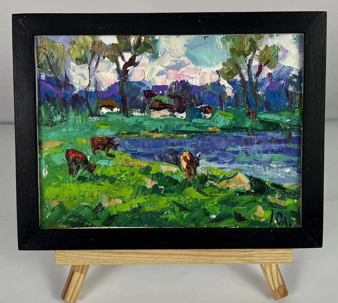 Oil painting Green meadows and a lake Oleksiy Ivanyuk