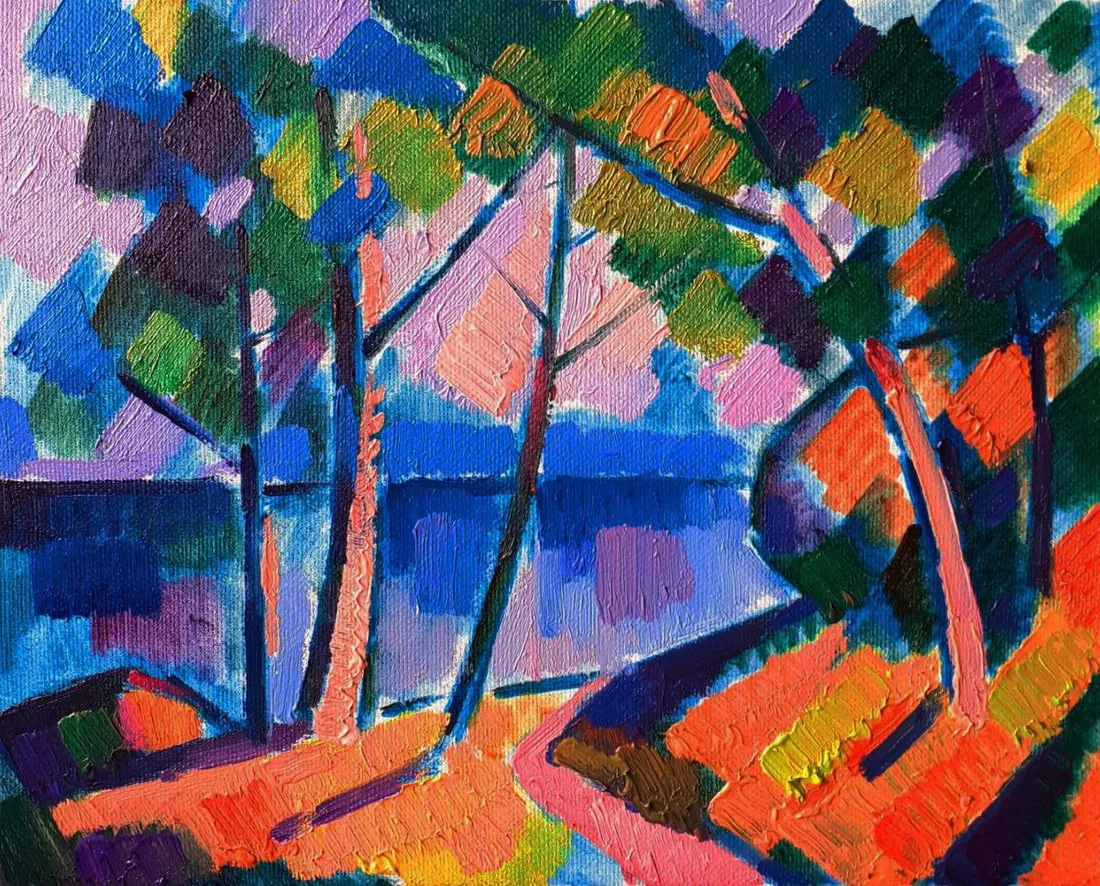 Oil painting Guardian trees by the river Pavel Dobrev