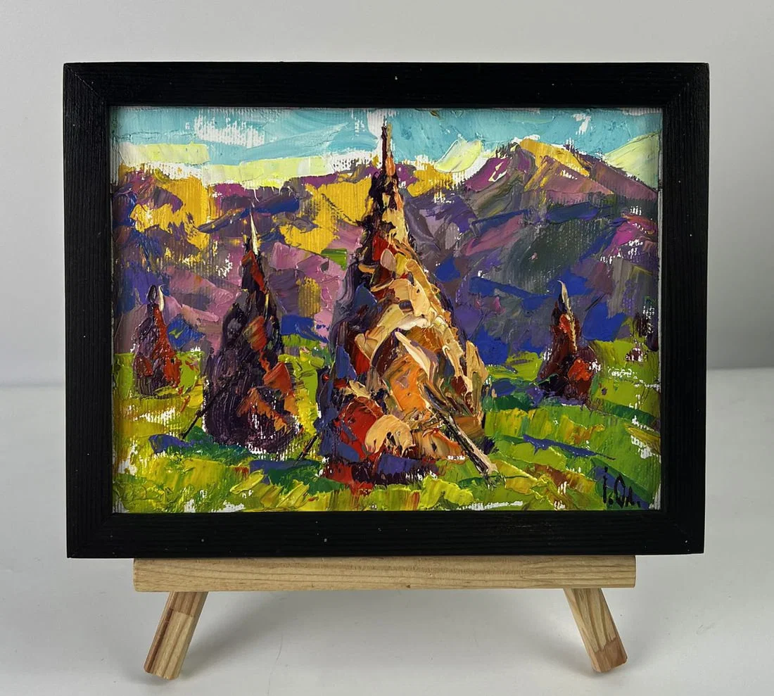 Oil painting Haystacks in the mountain fields Oleksiy Ivanyuk