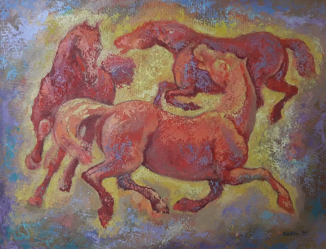 Oil painting Horses running in circles Vasily Korkishko