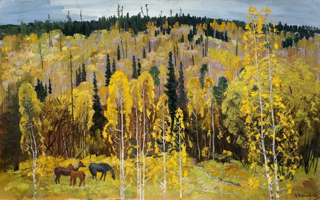 Oil painting Horses walk in the woods Vladimir Vladimirovich Nabokov