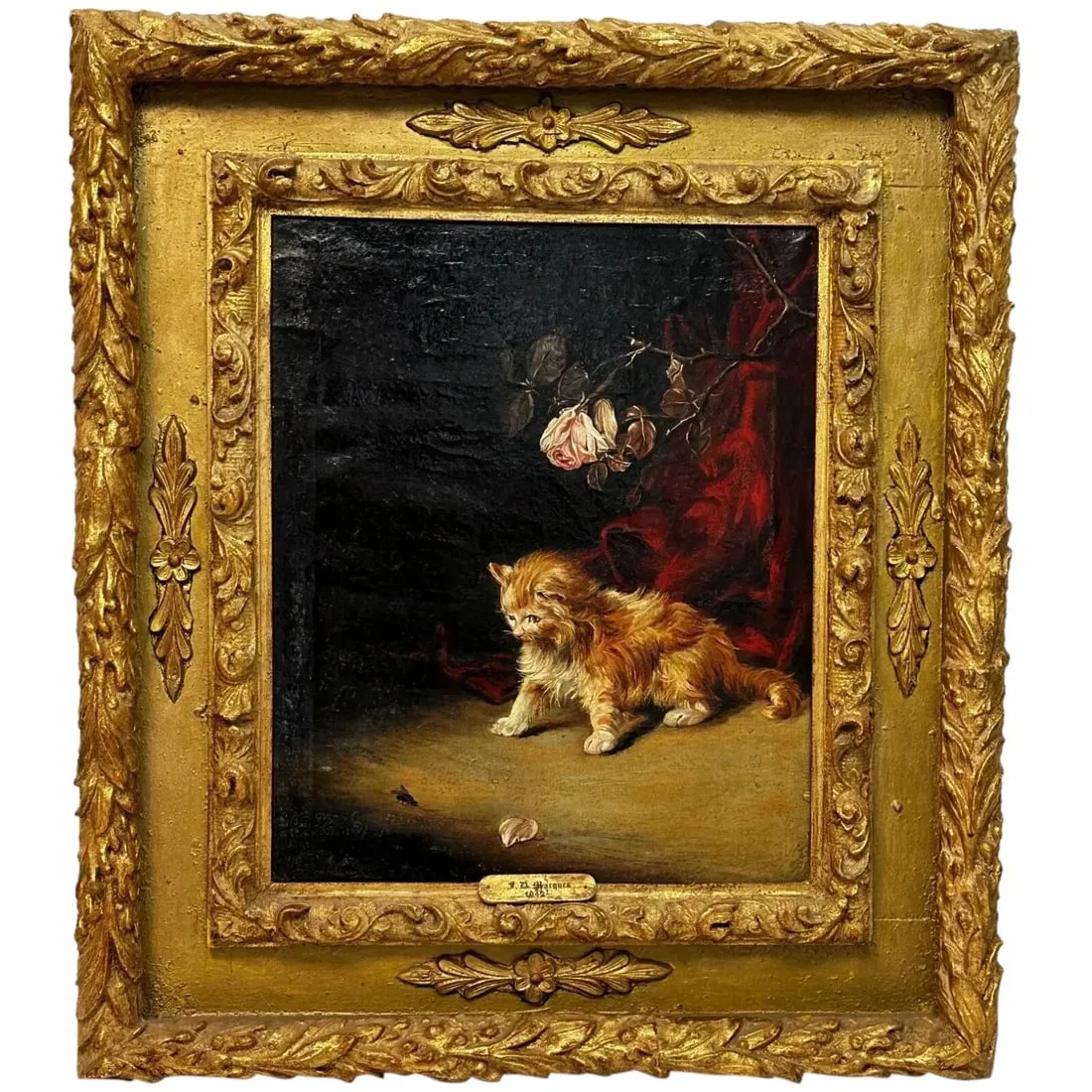 OIL PAINTING KITTEN PATIENCE HUNTING FLY