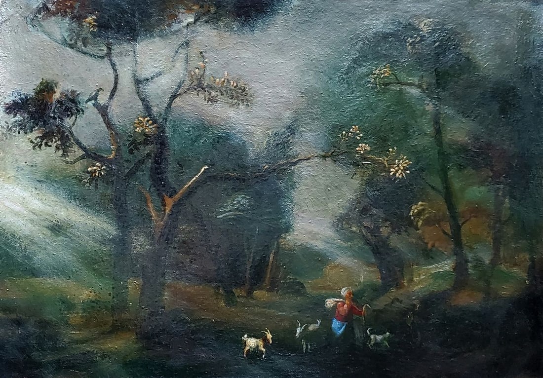 Oil painting Landscape with goats Daniil Litvinov