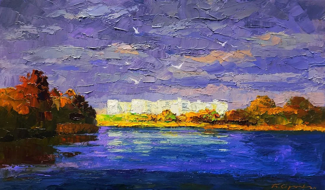 Oil painting New buildings across the river Boris Serdyuk