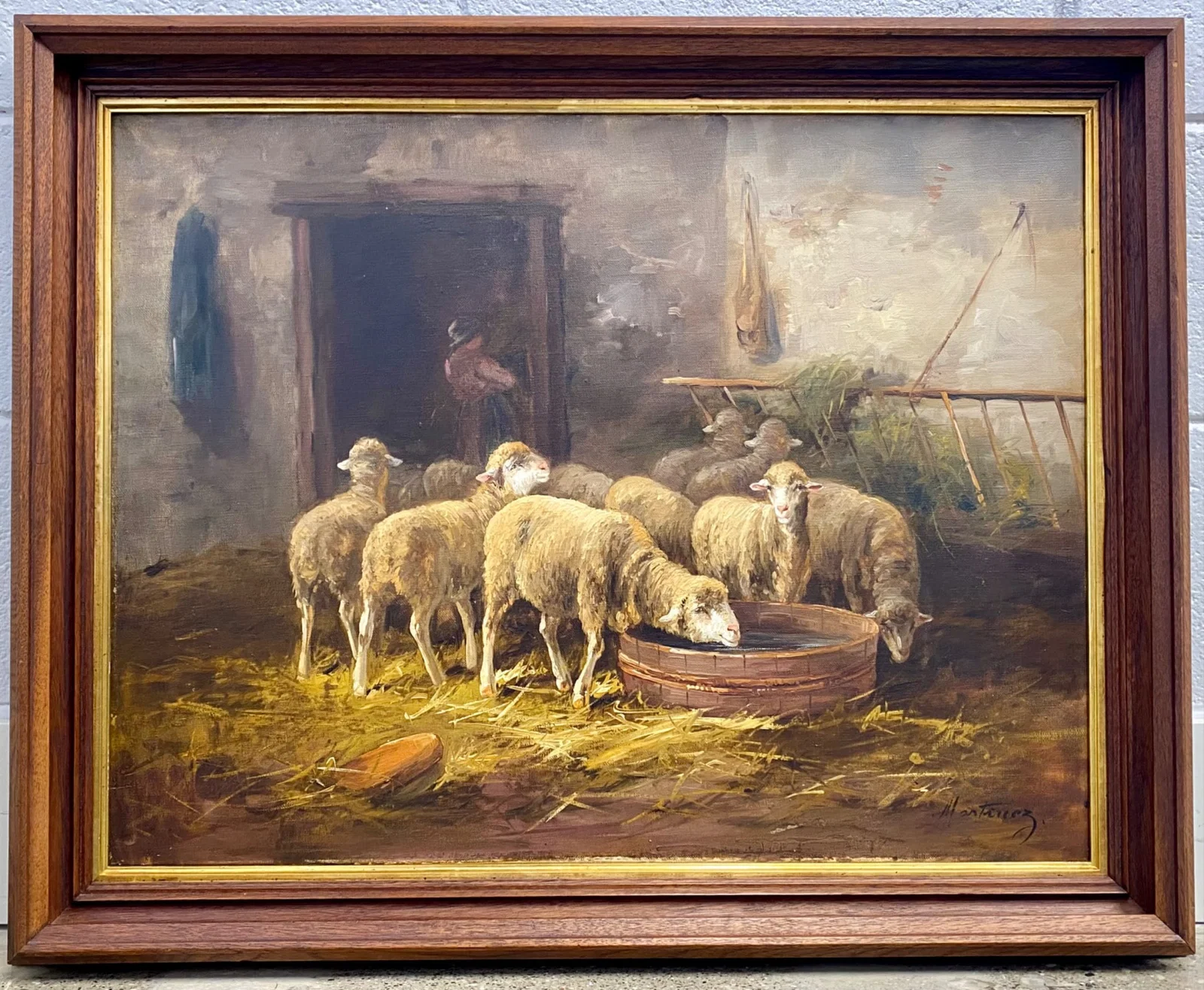 Oil Painting of Sheep Feeding, Signed 'Martinez', in Wooden Frame