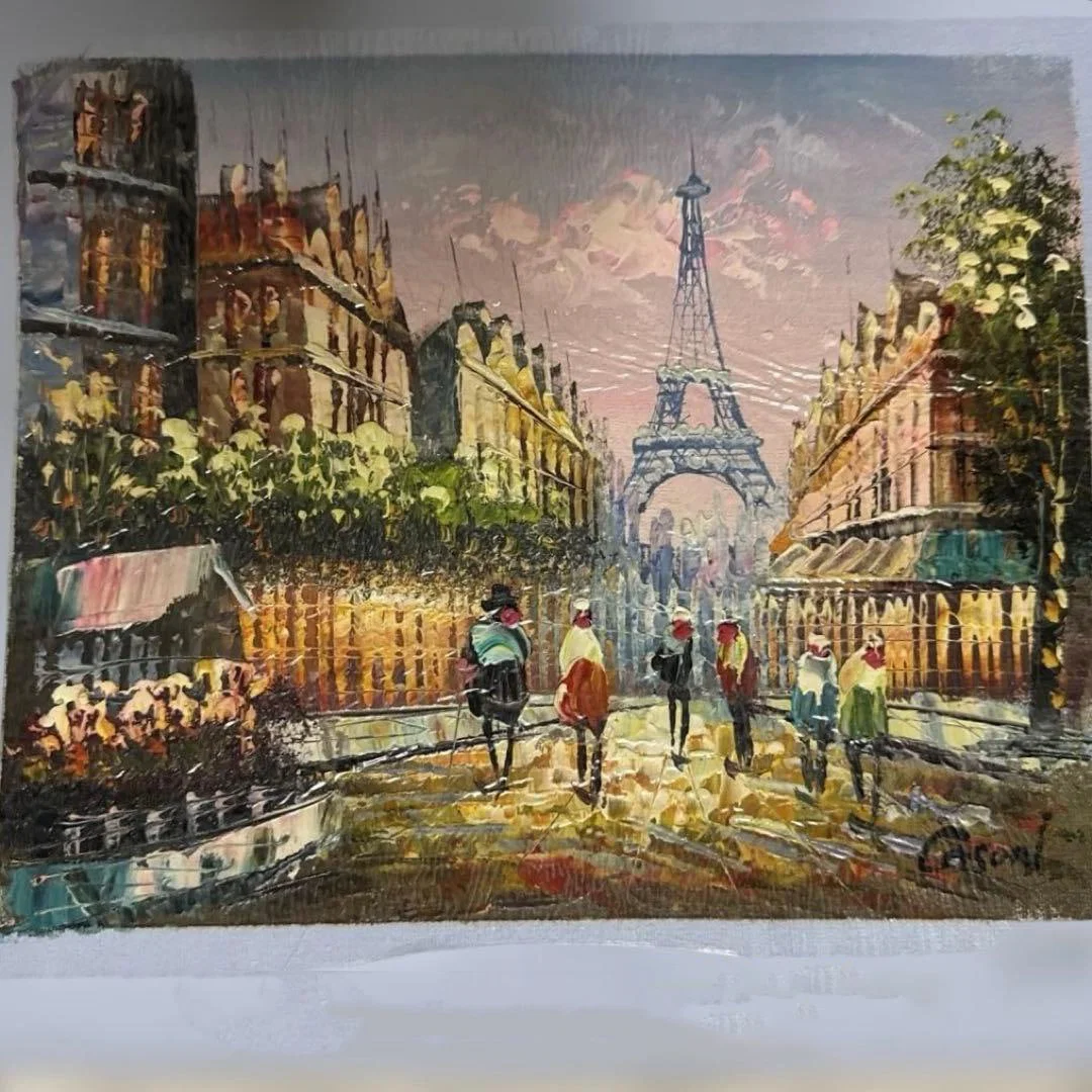 Oil painting of the Eiffel Tower, original work by Casoni, 2002. View of Île de la CitE.