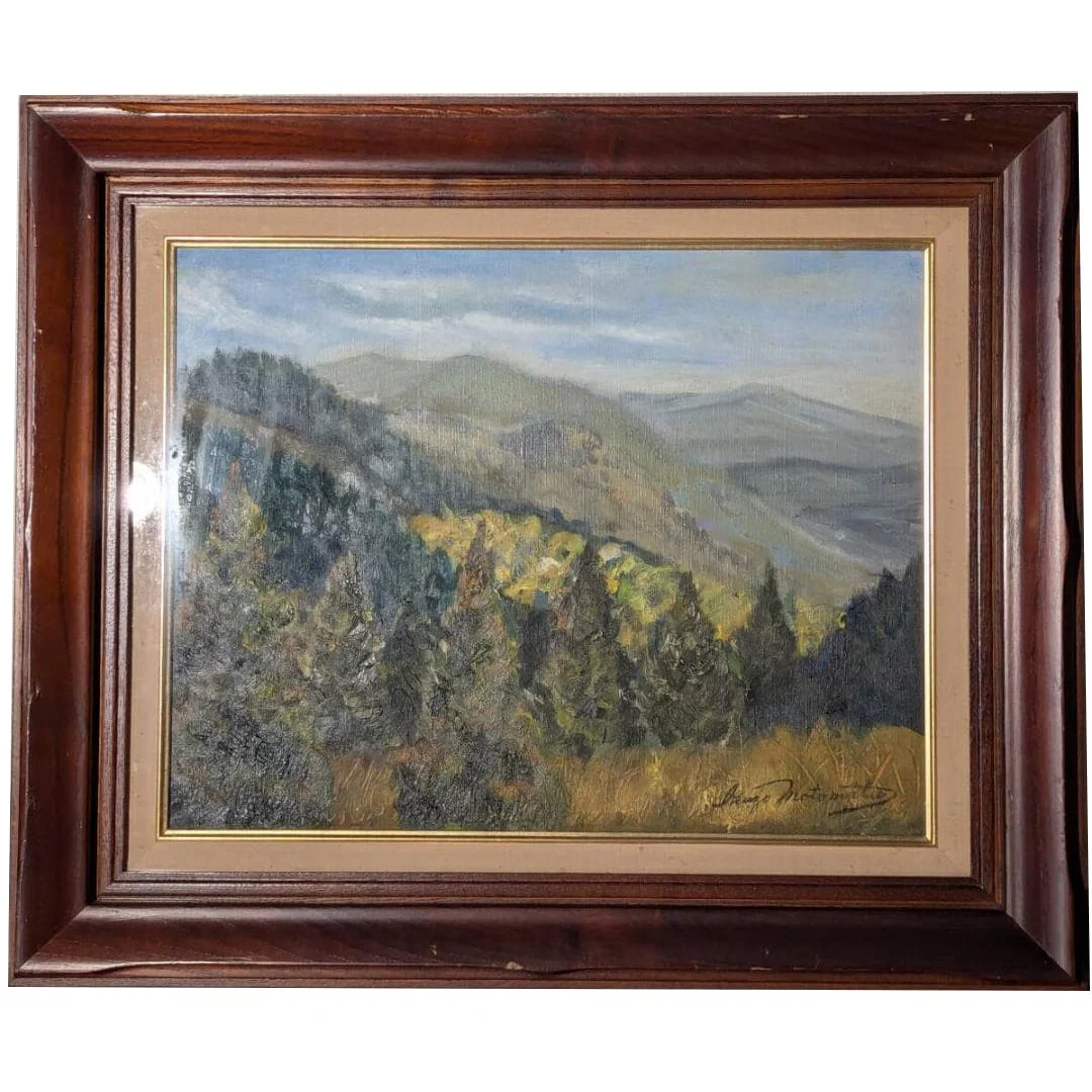 Oil painting on canvas, size 6, tranquil mountain scenery.