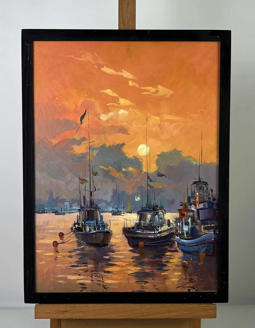 Oil painting Orange Sunset over the boat port Yuriy Suprunchuk