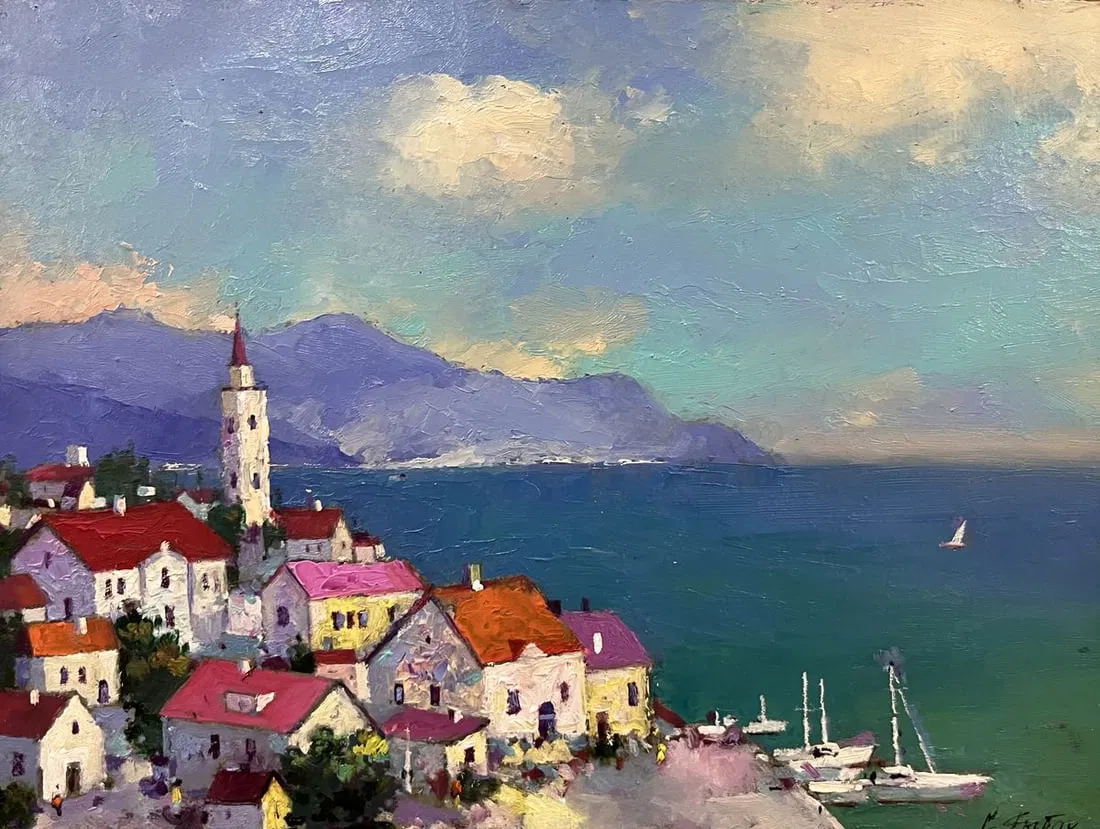 Oil painting Resort town with the sea Serhiy Rybak