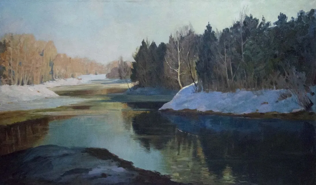 Oil painting River landscape in winter Smirnov Mikhail Sergeevich