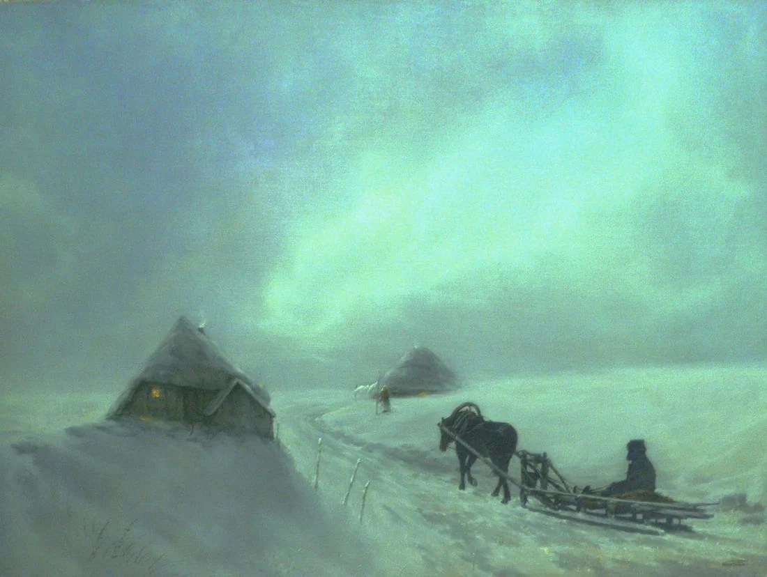 Oil painting Road in a winter snowstorm Vasily Korkishko