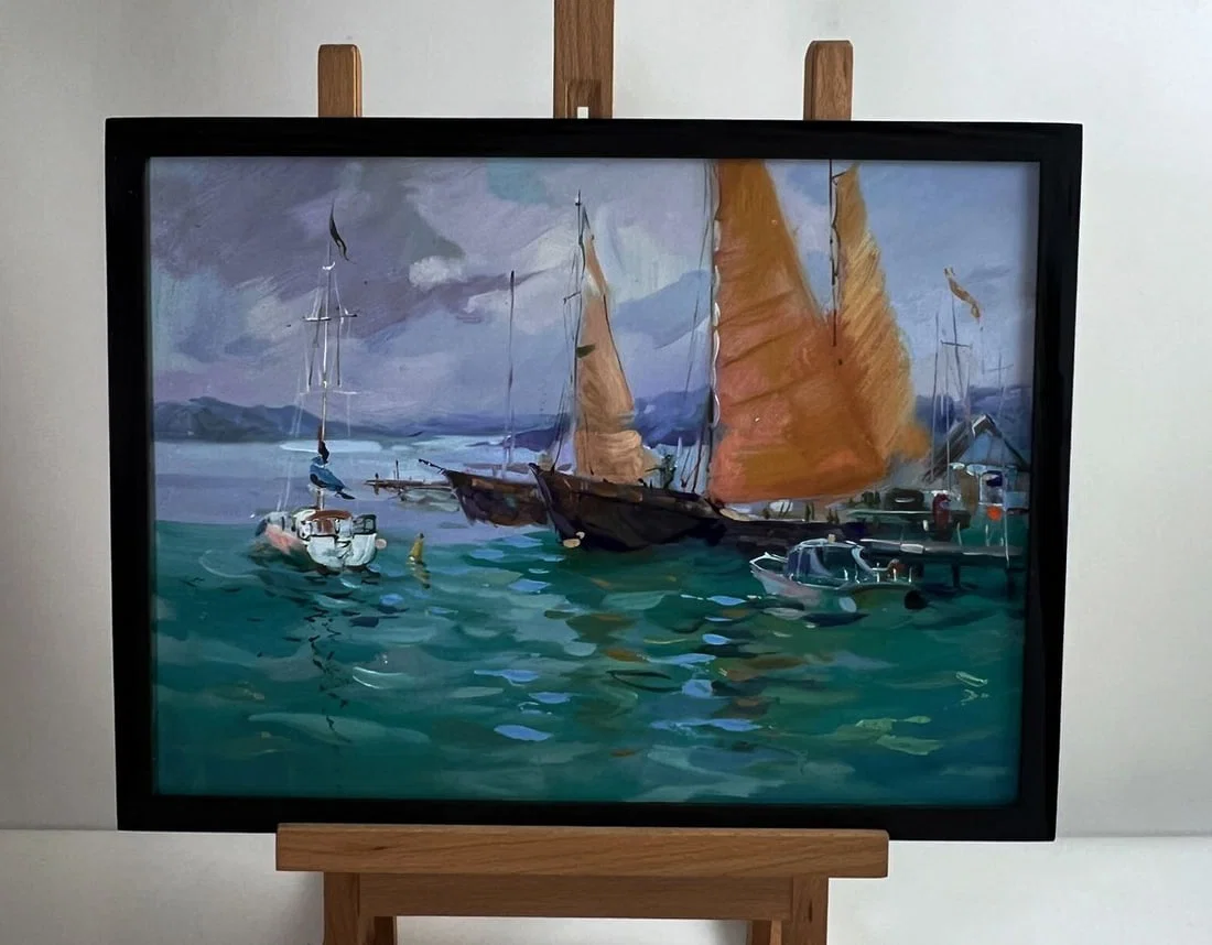 Oil painting Sea ships at the pier Yuriy Suprunchuk