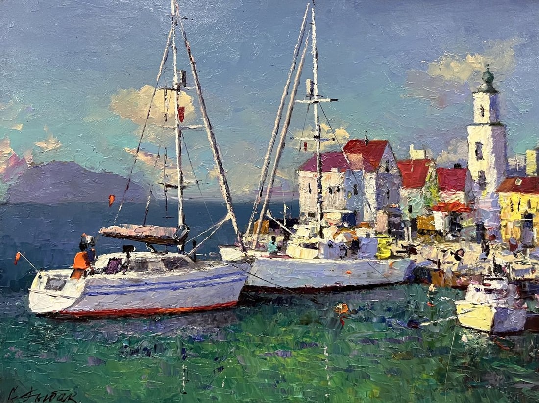 Oil painting Ships at the shore Serhiy Rybak