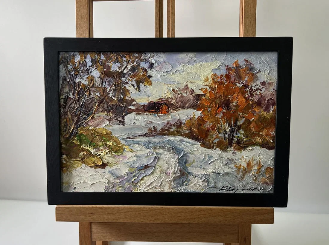 Oil painting Snowy road in the forest Boris Serdyuk