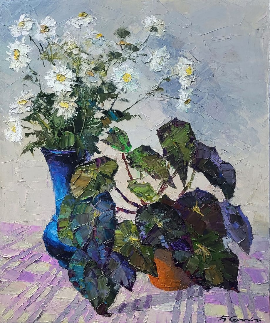 Oil painting Still life with begonia and daisies Boris Serdyuk