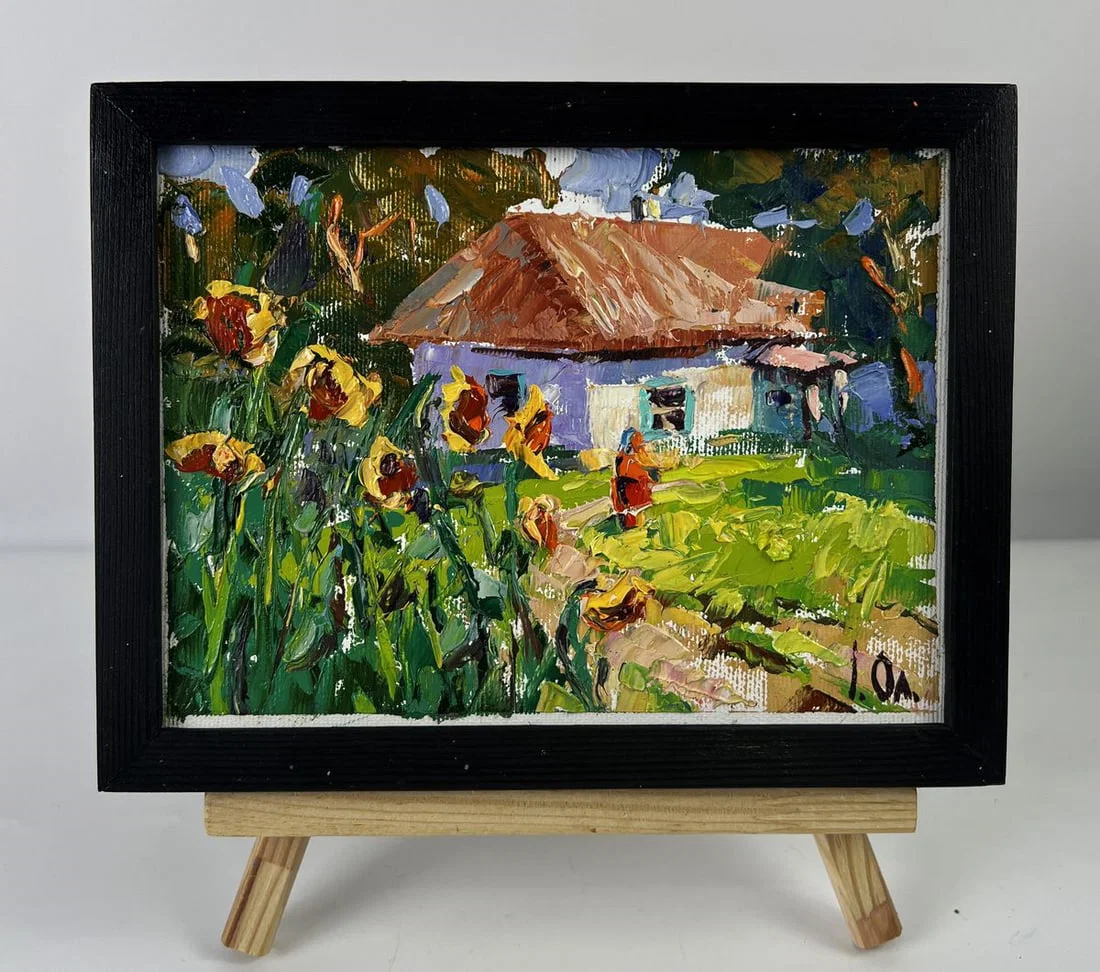 Oil painting Sunflowers in the yard of the house Oleksiy Ivanyuk