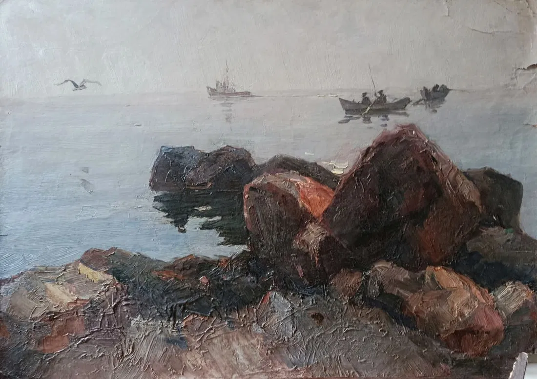 Oil painting The boats set sail to sea Petr Kolomoytsev