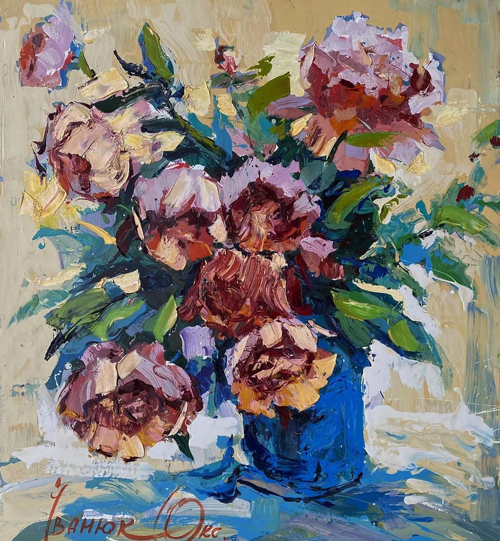 Oil painting The smell of peony flowers Oksana Ivanyuk