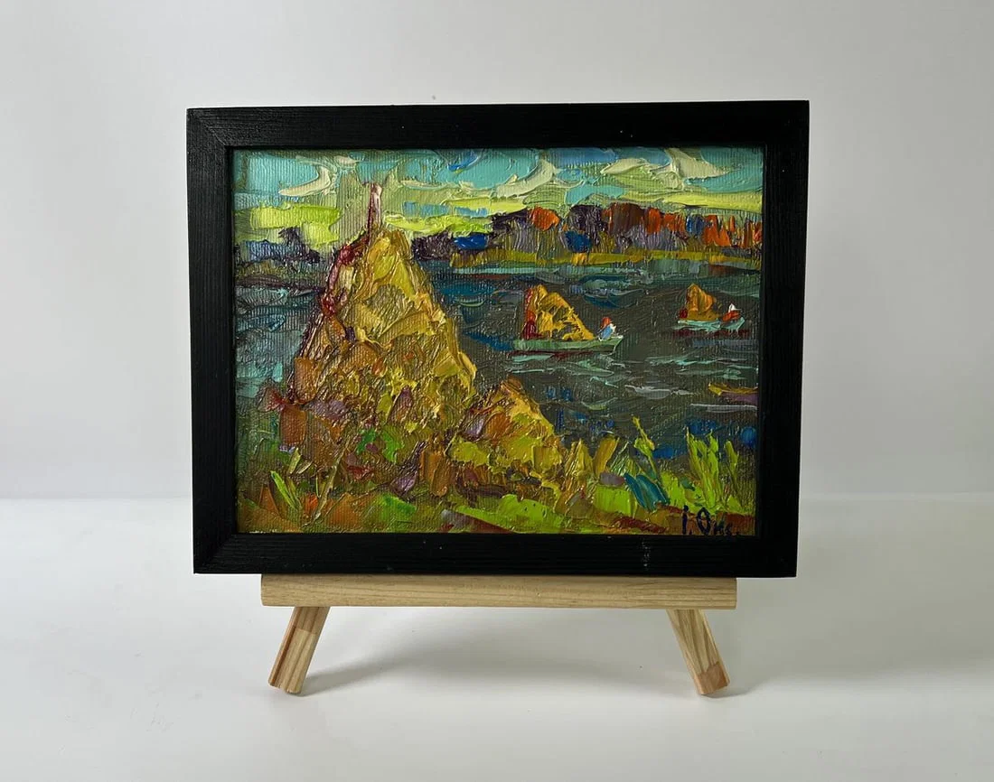 Oil painting Transporting hay across the river Oksana Ivanyuk