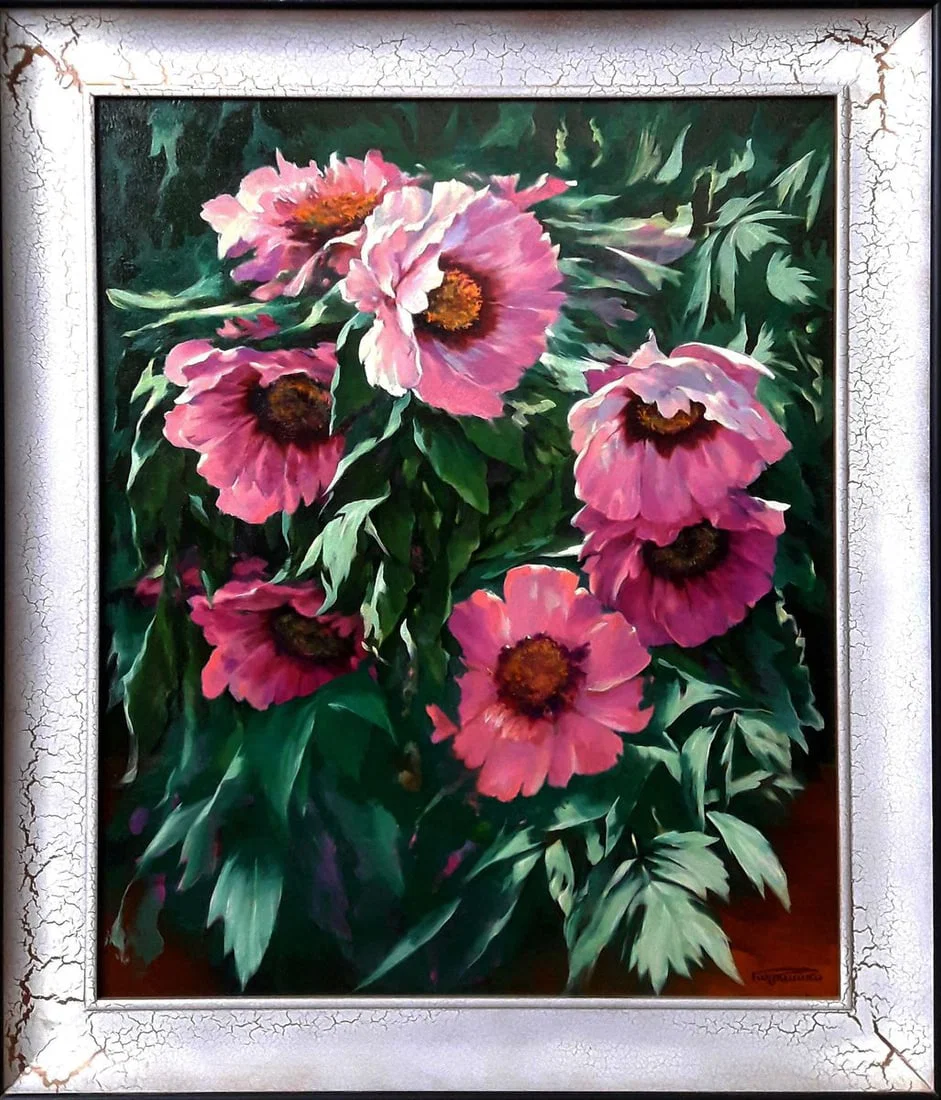 Oil painting Tree pink peonies Vasily Korkishko