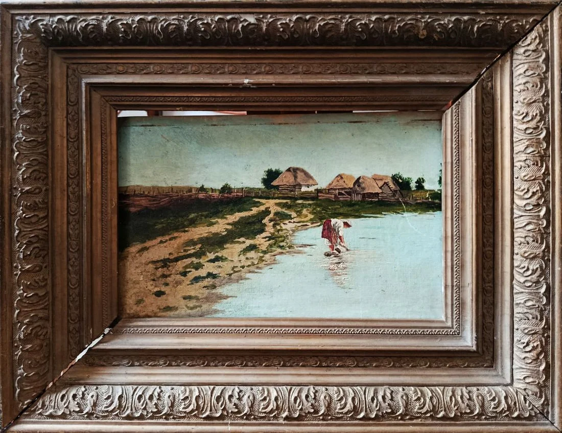 Oil painting Village by the river Unknown artist