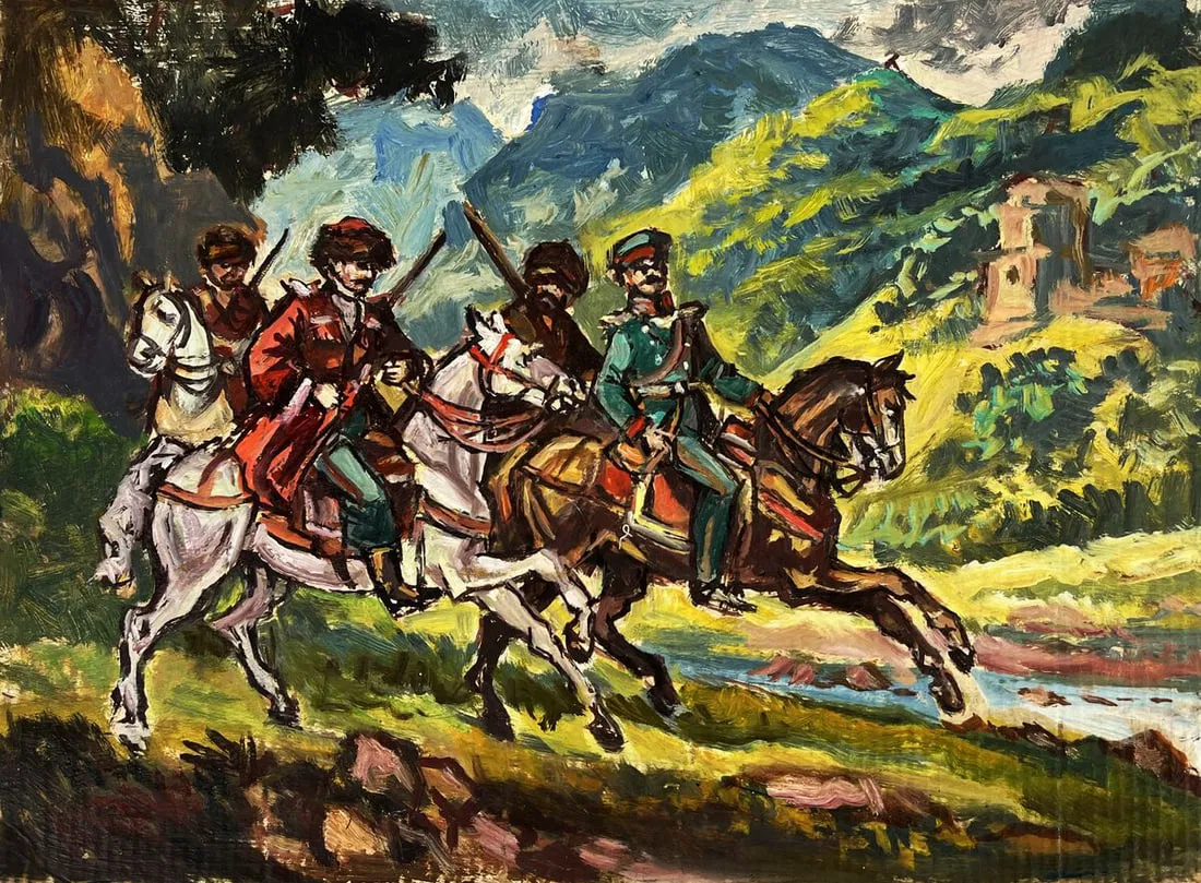 Oil painting Warriors by the river Alexander Litvinov