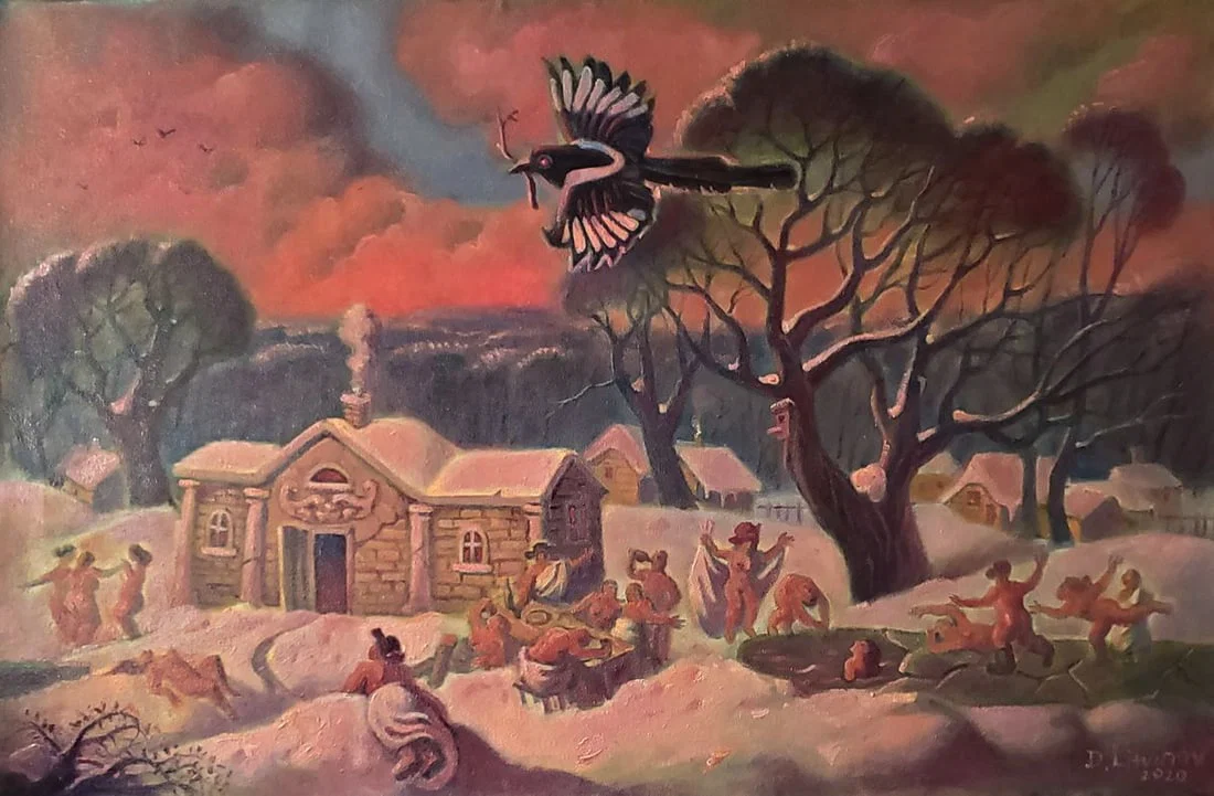 Oil painting Winter evening entertainment Daniil Litvinov