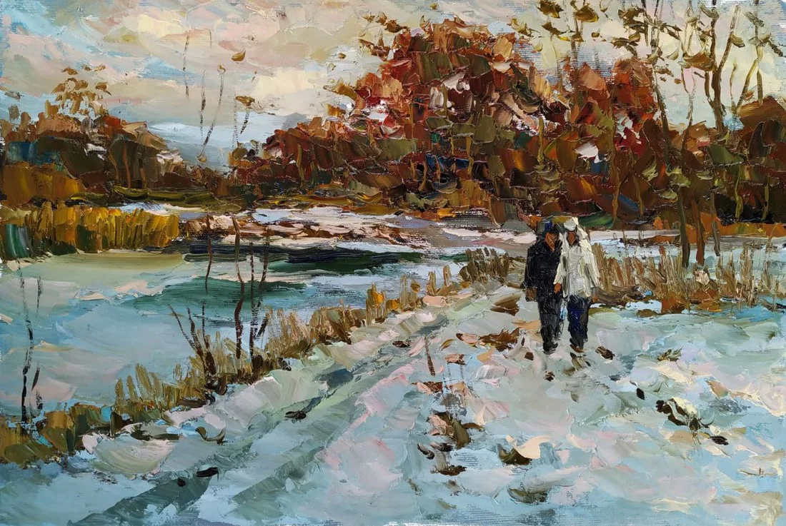Oil painting Winter walk Sergey Ivanovich Animov