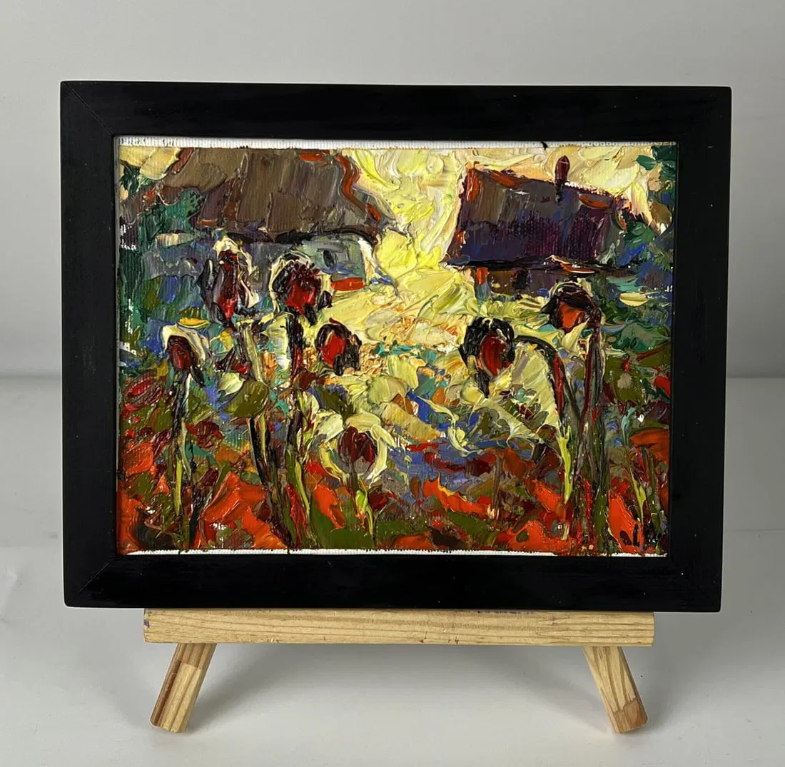 Oil painting Yellow sunset behind the houses Oleksiy Ivanyuk