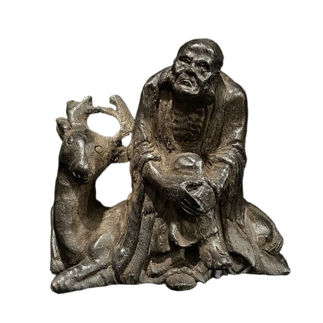 Old Agarwood Carved Luohan on Deer Figurine